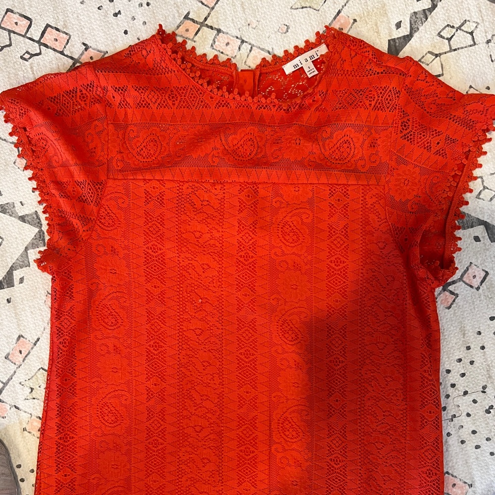Red/orange lace detail dress. S. Hits mid thigh. Beautiful. Excellent condition